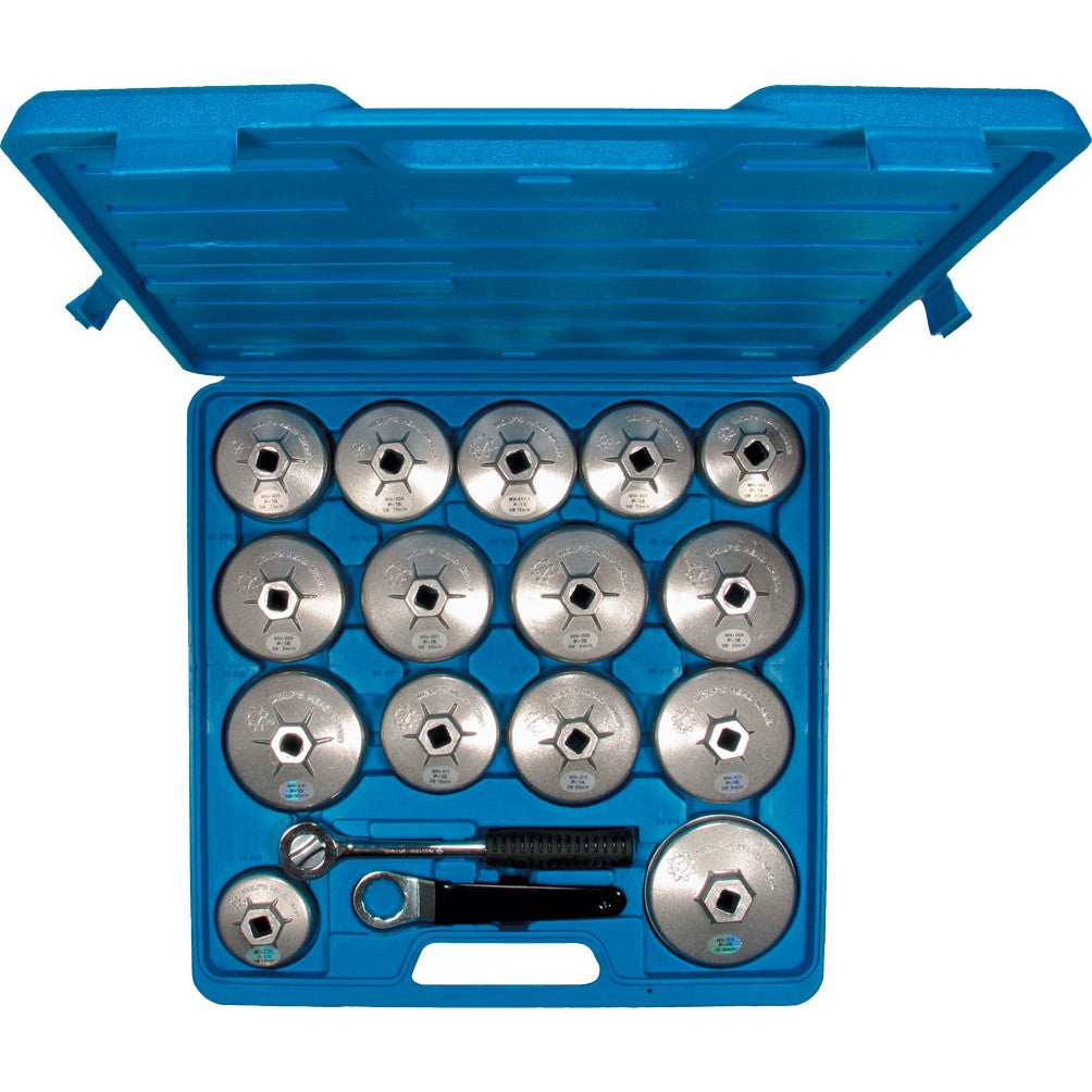Ölfilterkappen-Satz aus Aluminium 17-tlg. 64-101 mm mit 1/2"- Set mit Knarre