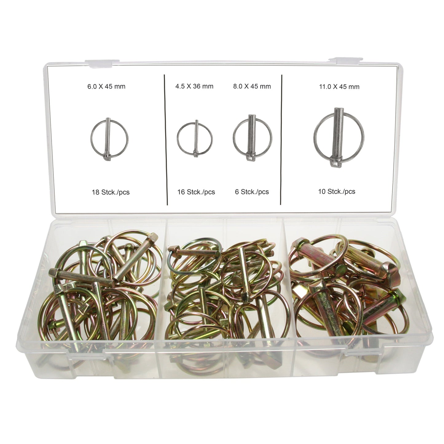 Klappsplinte-Sortiment Bolzensicherung Klappstecker 4,5 - 6 - 8 - 11 mm 50-tlg.