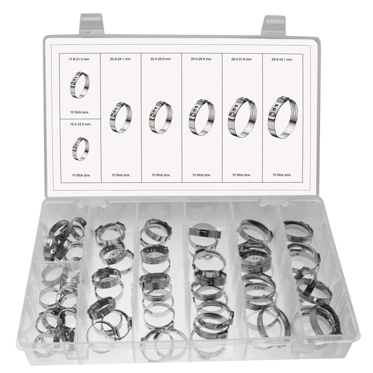 70 x Edelstahl 1 Ohr Schlauchschellen / Schlauchklemmen Sortimente 9.6 - 24.1 mm