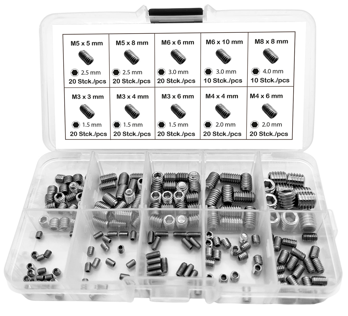 Maden-Schrauben-Set EDELSTAHL FLACH Gewindestifte Stiftschrauben M3-M8 180-tlg.