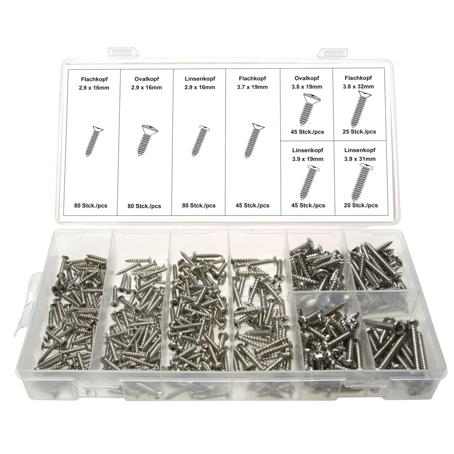 Blechschrauben Sortiment Ø 2.9-3.9 mm Edelstahl PH Kreuzschlitz Satz 420 Stück
