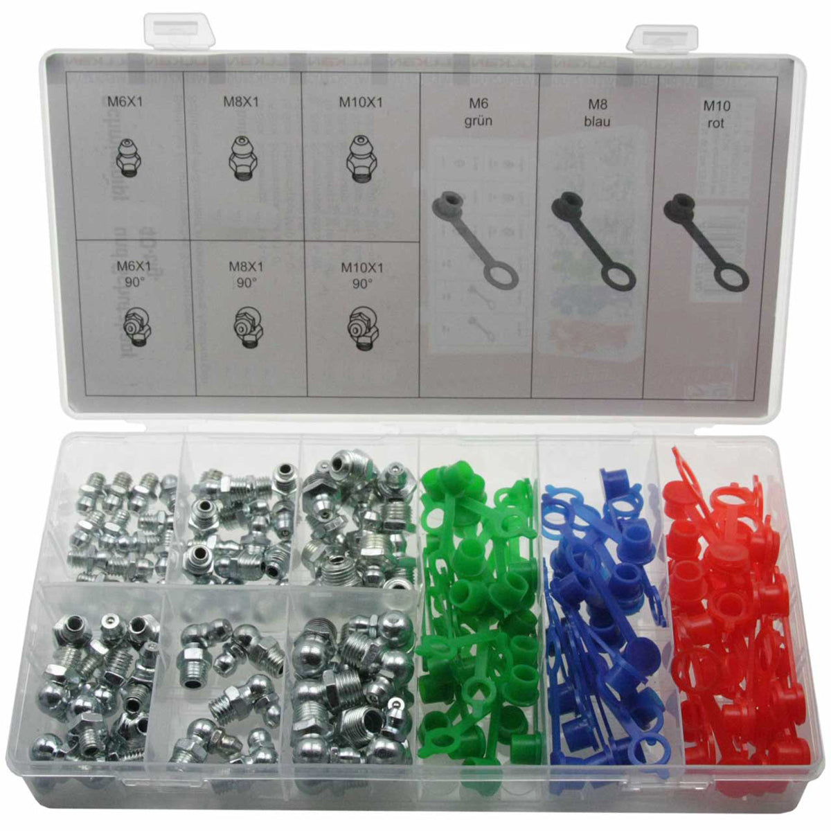 Schmiernippel Schutzkappen Abdeckkappen M6 M8 M10 0° 90° Fettnippel, 136-tlg.