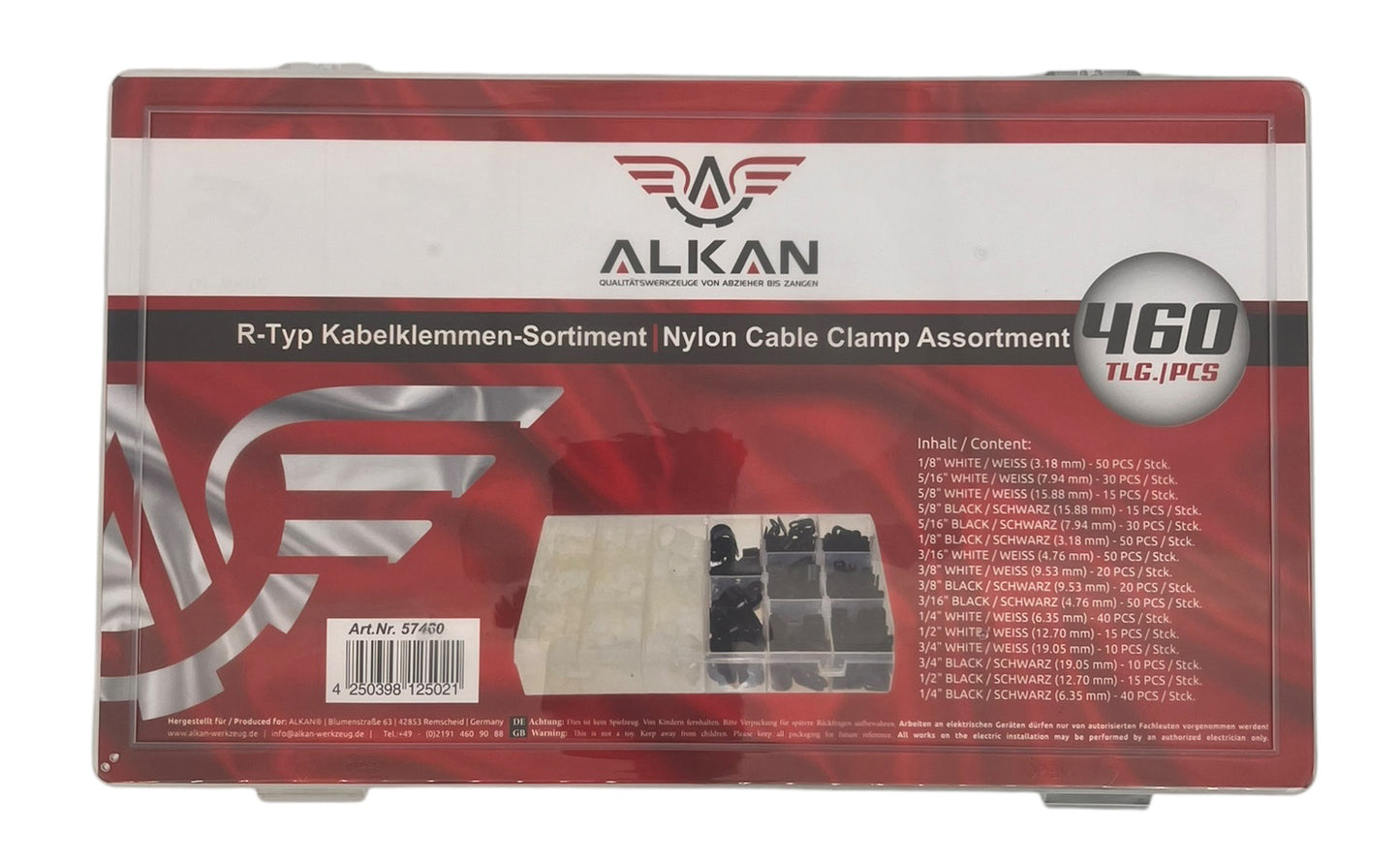 R-Typ Kabelklemmen Set, 460-tlg, Nylon, Weiß / Schwarz, 8 Größen 0,3-1,9 cm