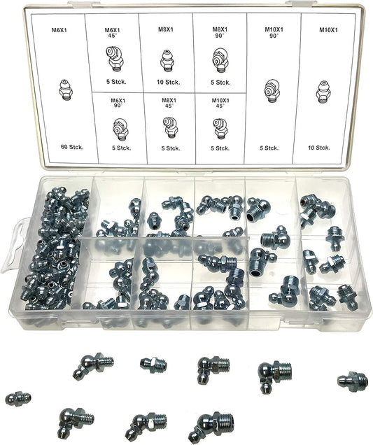 Alkan Schmiernippel-Set Fettnippel 110-teilig M6 M8 M10 DIN 71412 verschiedene Winkel