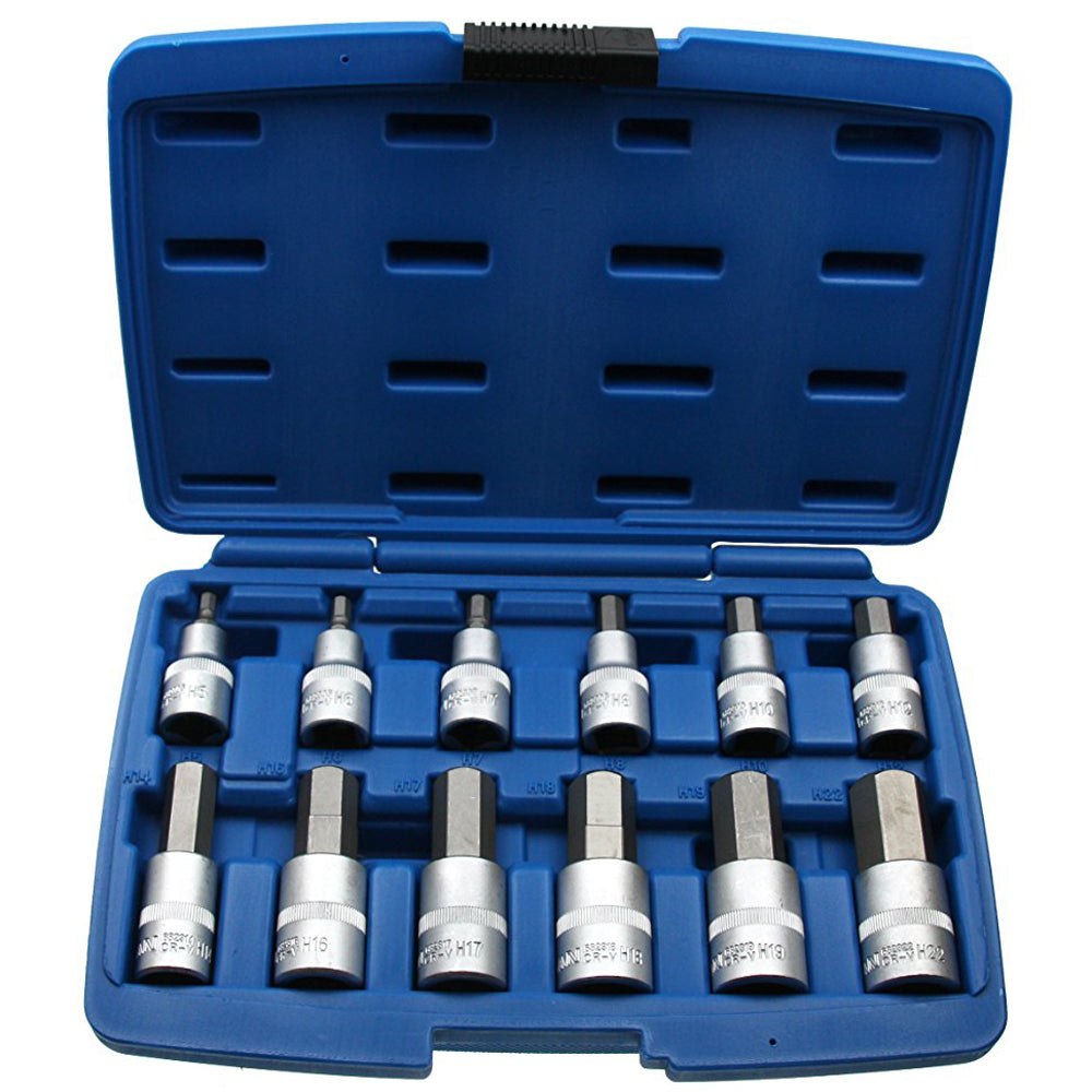 12 x Kraft Steckschlüsseleinsatz Innensechskant 1/2"-Antrieb Cr-V Stahl 5-22 mm