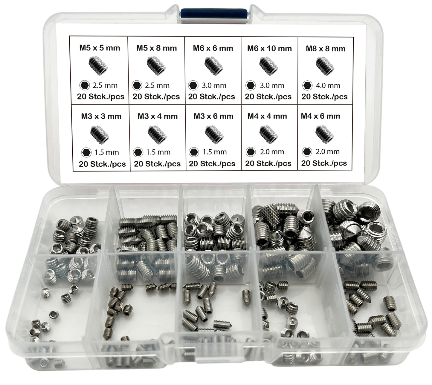 Maden-Schrauben-Set EDELSTAHL SPITZ Gewindestifte Stiftschrauben M3-M8 200-tlg.