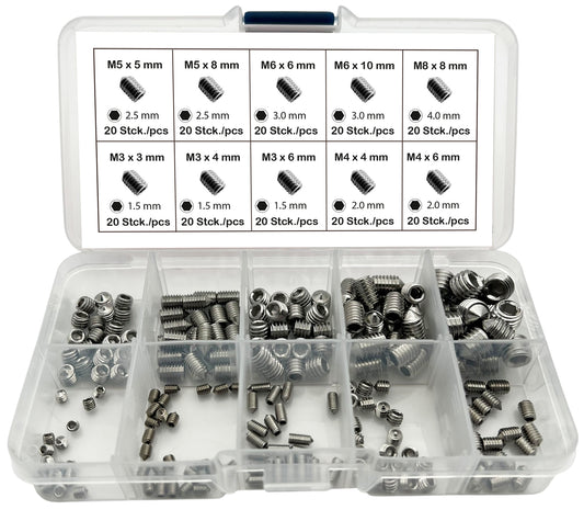 Maden-Schrauben-Set EDELSTAHL SPITZ Gewindestifte Stiftschrauben M3-M8 200-tlg.