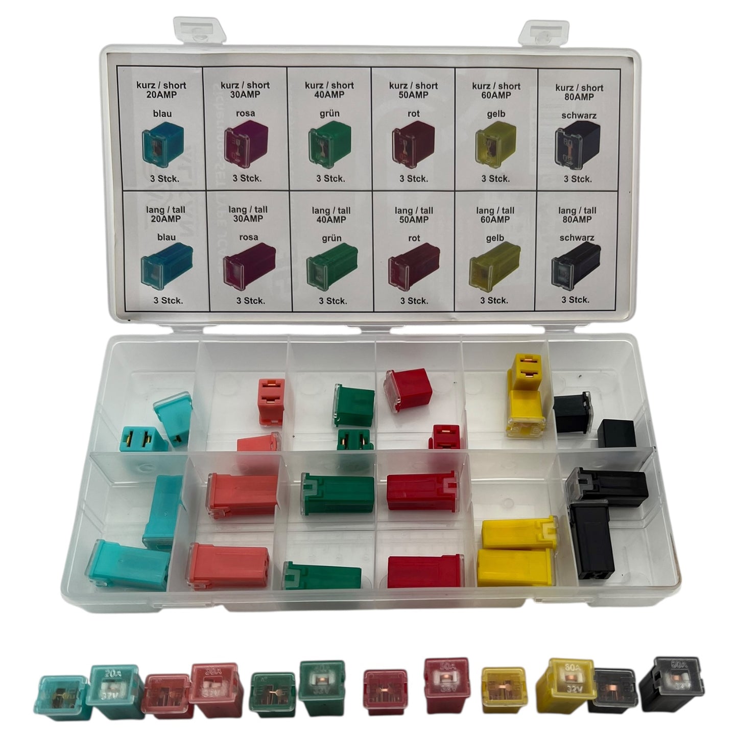 JCase Blocksicherungen Set 36-tlg. | 20A-80A kurz / lang KFZ Sicherungen 12V-24V