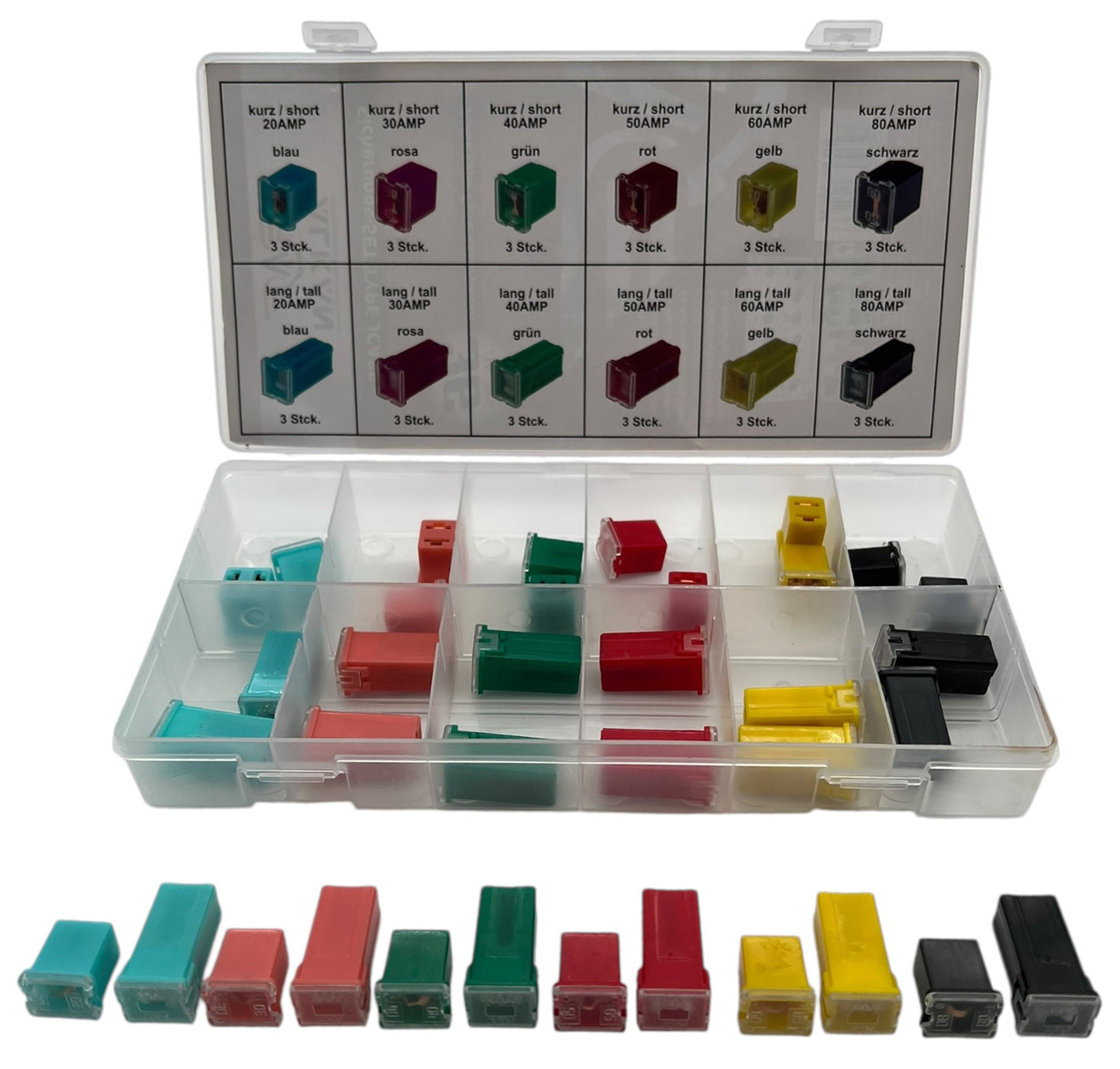 JCase Blocksicherungen Set 36-tlg. | 20A-80A kurz / lang KFZ Sicherungen 12V-24V