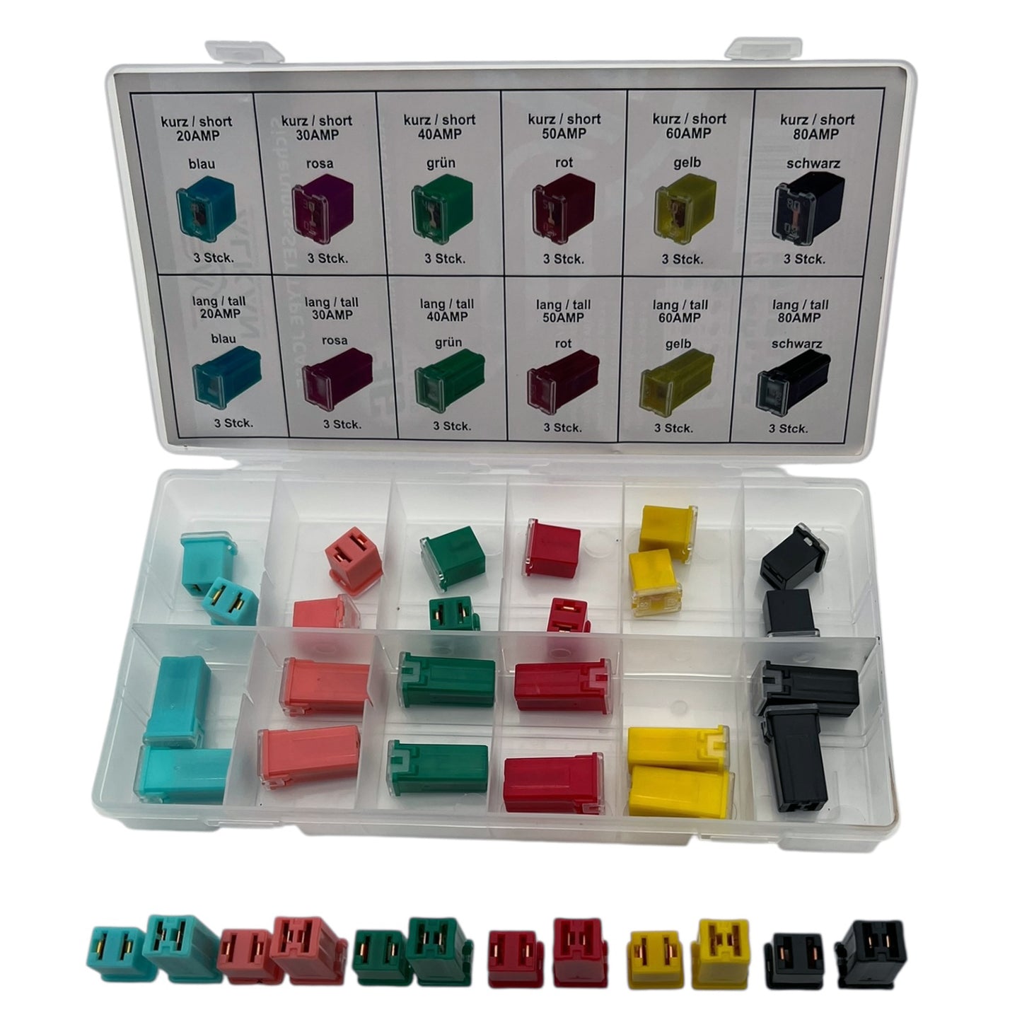 JCase Blocksicherungen Set 36-tlg. | 20A-80A kurz / lang KFZ Sicherungen 12V-24V