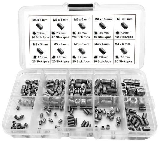 Maden-Schrauben-Set EDELSTAHL FLACH Gewindestifte Stiftschrauben M3-M8 180-tlg.