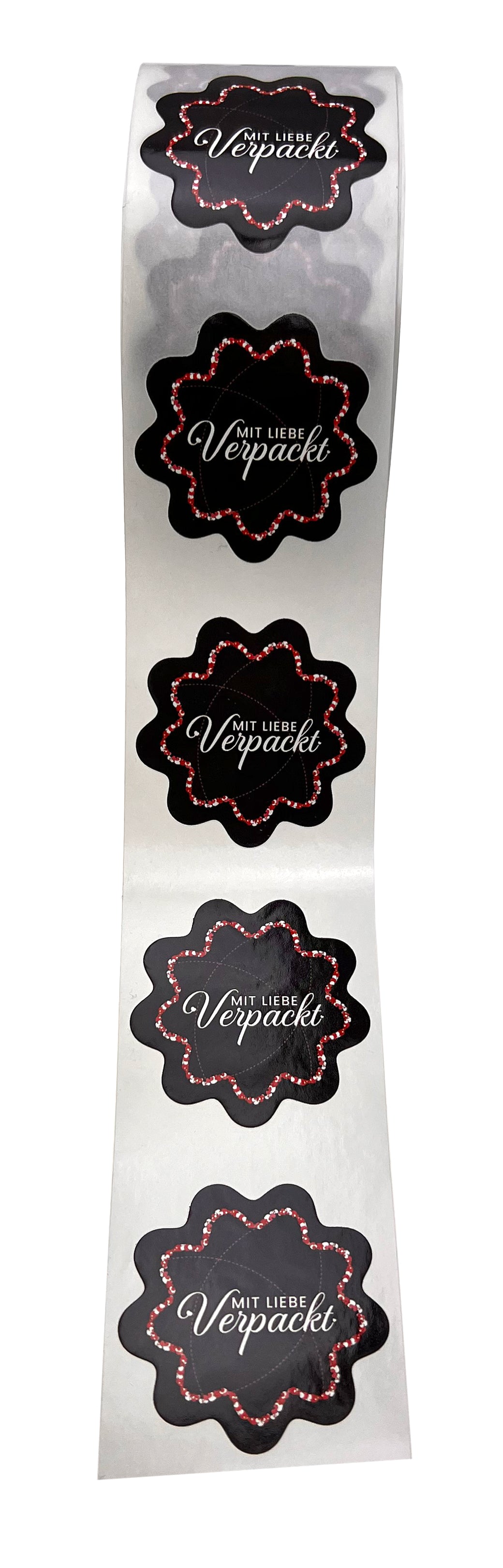 500 Label Etiketten Aufkleber Mit Liebe Verpackt Blütenform PP-Haftfolie SCHWARZ