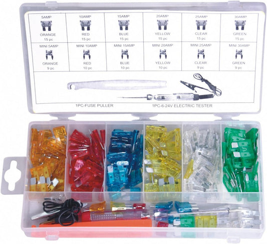 Alkan Flachsicherungen Sortiment 150-tlg Typ 100 Mini FK1 | Flachsicherungen Typ 100 und Mini FK1, 150-tlg Sortiment, farbkodiert und übersichtlich in Box