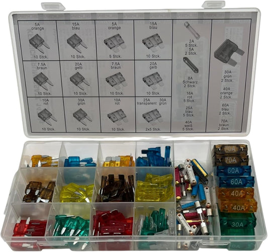Alkan KFZ Sicherungen Sortiment 147-tlg 2A-70A 12-24V Set | Mini, Standard, Maxi, Glas und Torpedo Sicherungen, farbkodiert in Klarsicht-Sortimentsbox