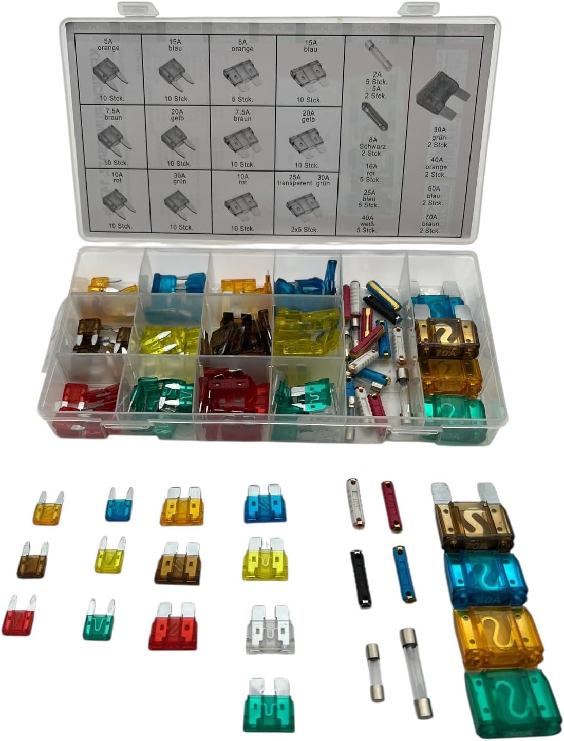 
Alkan KFZ Sicherungen Sortiment 147-tlg 2A-70A 12-24V Set | Mini, Standard, Maxi, Glas und Torpedo Sicherungen, farbkodiert in Klarsicht-Sortimentsbox
